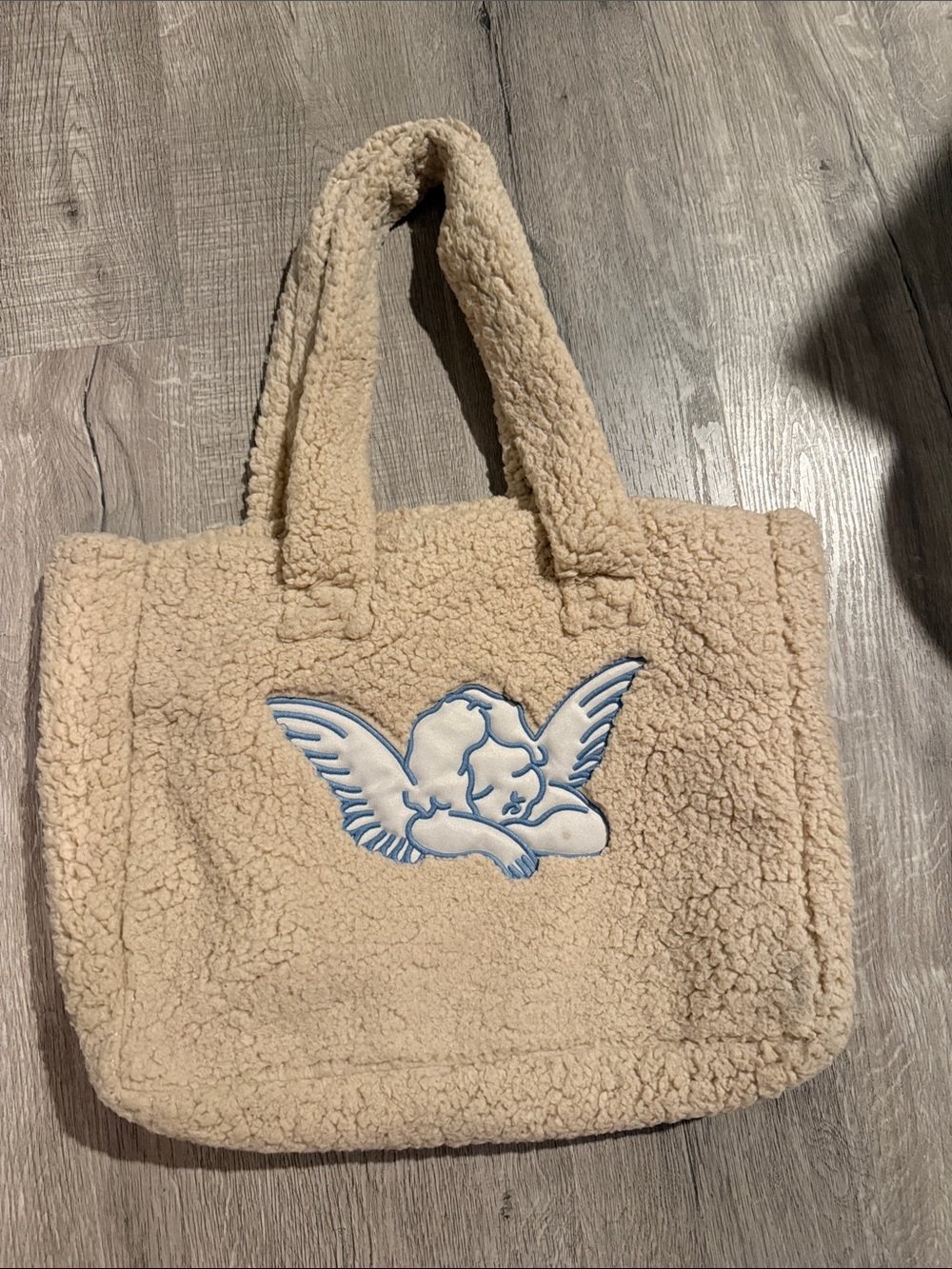 Beige Sherpa Tote Bag with Angel Patch